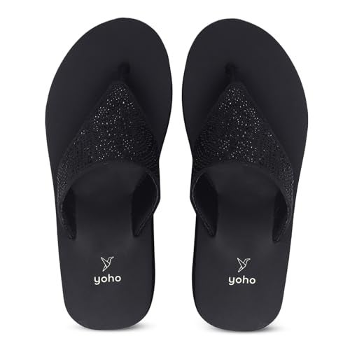 YOHO SDL 107 Slippers for Women | Velvet V-Strap Slip-On Chappals | Stylish Flat Footwear & Sandals for Ladies | Comfortable Platform for Daily Use | Classic Black -UK 8 - Image 1