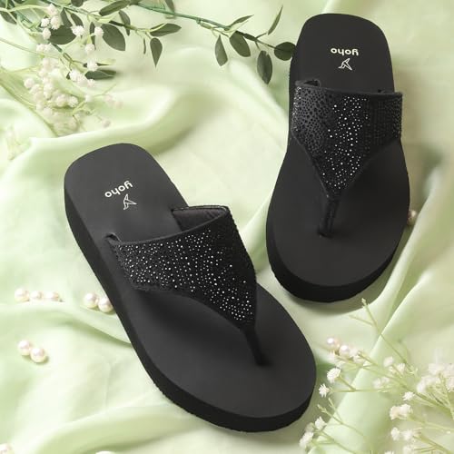 YOHO SDL 107 Slippers for Women | Velvet V-Strap Slip-On Chappals | Stylish Flat Footwear & Sandals for Ladies | Comfortable Platform for Daily Use | Classic Black -UK 8 - Image 2