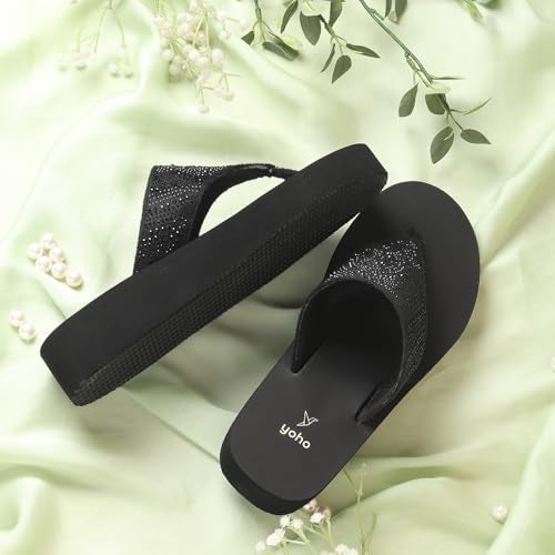 YOHO SDL 107 Slippers for Women | Velvet V-Strap Slip-On Chappals | Stylish Flat Footwear & Sandals for Ladies | Comfortable Platform for Daily Use | Classic Black -UK 8 - Image 4