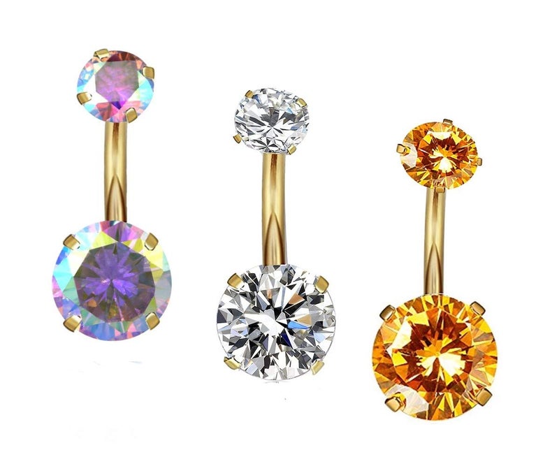 YHMM 14G Surgical Steel Gold Belly Button Rings, Internally Threaded 12mm Long Round CZ Navel Barbell Stud for Women Men (3 Pcs, Gold) - Image 1