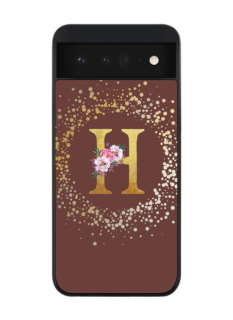 Rugged Black edge case for Google Pixel 6 5G Slim fit Soft Case Flexible Rubber Edges Anti Drop TPU Gel Thin Cover - Custom Monogram Initial Letter Floral Pattern Alphabet - H (Brown )