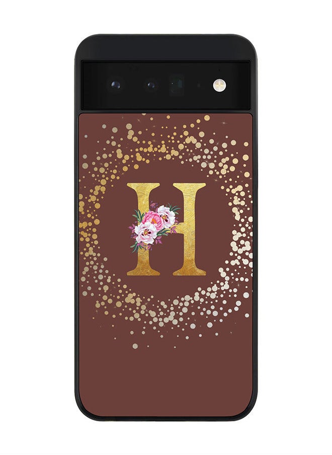 Rugged Black edge case for Google Pixel 6 5G Slim fit Soft Case Flexible Rubber Edges Anti Drop TPU Gel Thin Cover - Custom Monogram Initial Letter Floral Pattern Alphabet - H (Brown )