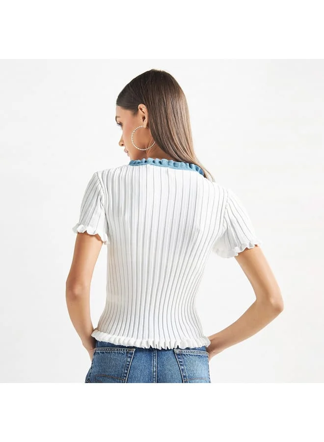 Splash FAV Textured V-neck Top with Ruffles and Short Sleeves