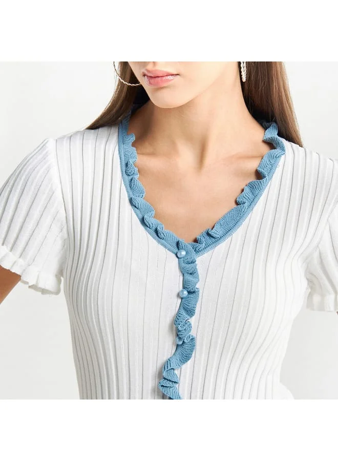 Splash FAV Textured V-neck Top with Ruffles and Short Sleeves
