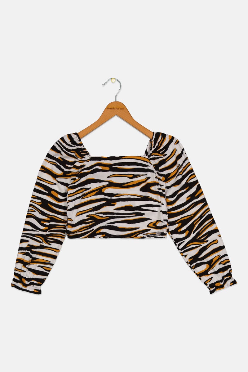 Pepe Jeans Kids Girl Square Neck Long Sleeve Animal Print Crop Top, Multicolor - Image 1