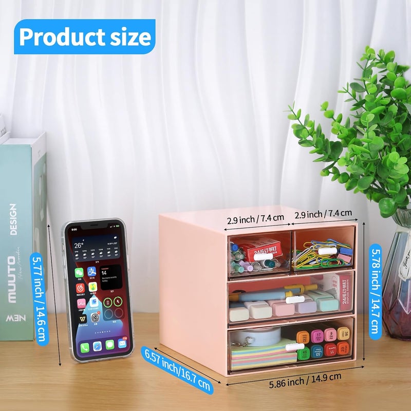 LETURE Desk Organizer with 4 Drawers, Clear Plastic Desk Storage Box, Desktop Organization for Office Supplies, Gel Pens, Pencils, Markers, Tape, Erasers, Paperclips, Chargers (Pink w 4Draws) - Image 3