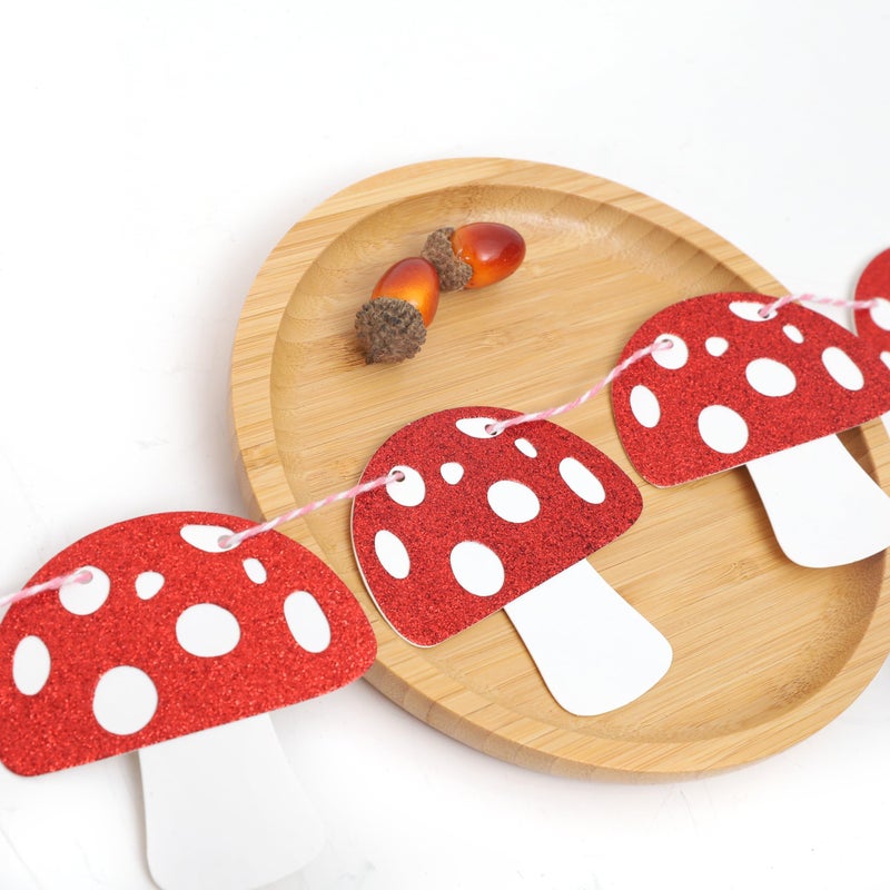 Mushroom Garland  Red Glitter Mushroom Banner Woodland Party Decor Mushroom Theme Birthday Decorations Fairy Party Decor
