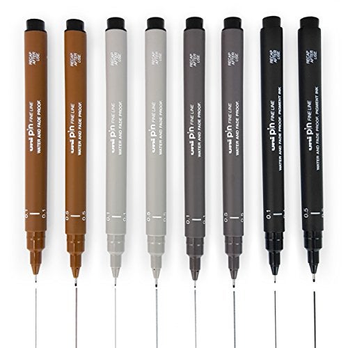 Uni Pin Fineliner Drawing Pen - Sketching Set of 8-0.1mm / 0.5mm - Black, Dark Gray, Light Gray, and Sepia - Image 1
