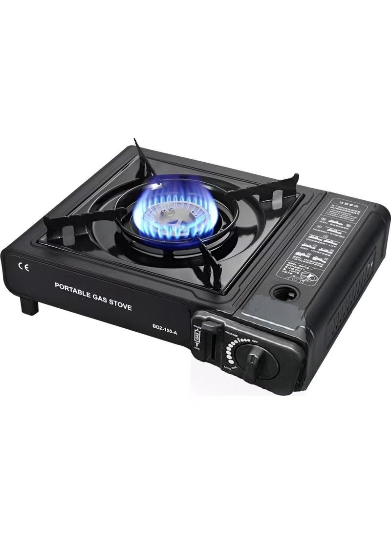 This portable, single-burner gas stove features a new design, is made of lightweight metal, and includes an automatic ignition switch, flame level control, and a safety switch to prevent gas leakage during use. It operates on 220g butane gas cylinders or standard household gas cylinders. - Black - Image 1