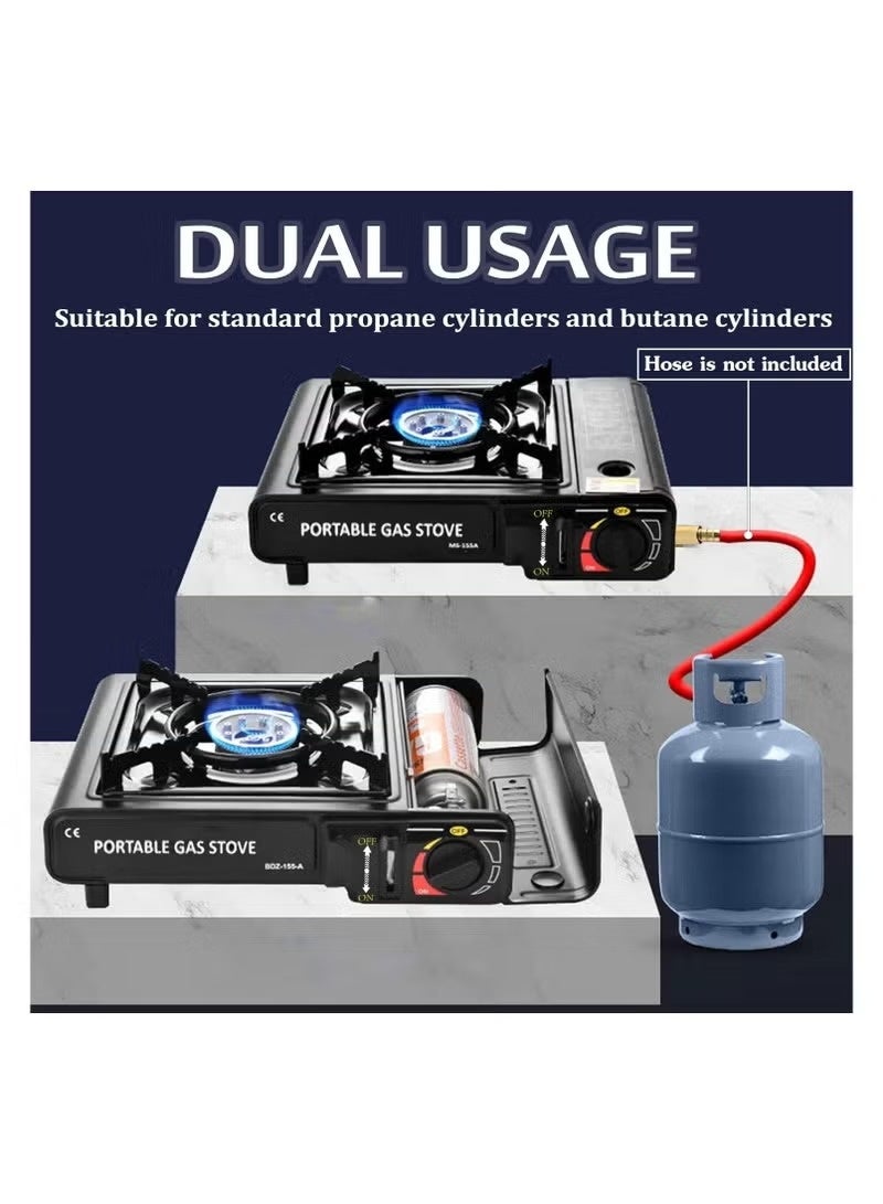 This portable, single-burner gas stove features a new design, is made of lightweight metal, and includes an automatic ignition switch, flame level control, and a safety switch to prevent gas leakage during use. It operates on 220g butane gas cylinders or standard household gas cylinders. - Black - Image 2