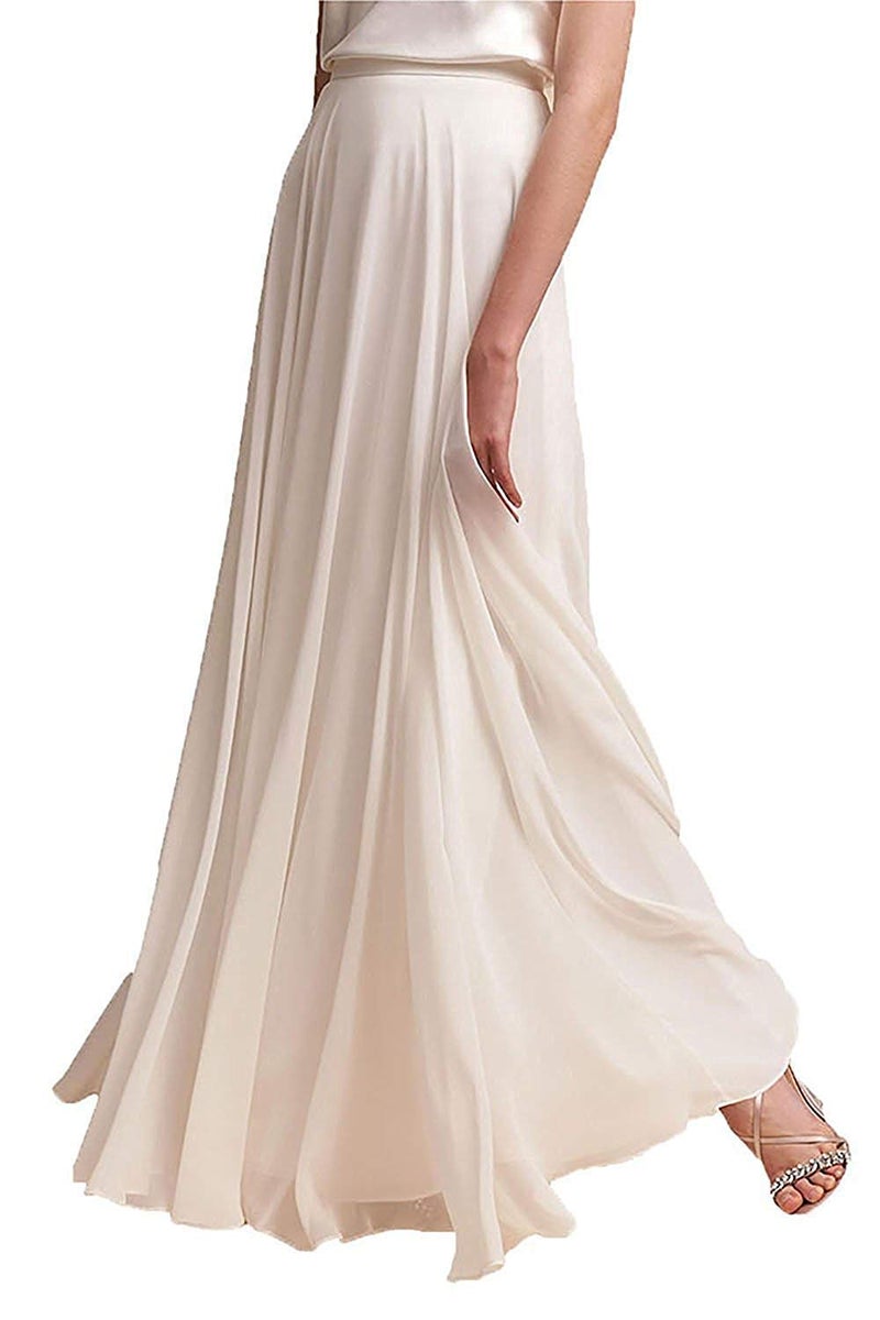 AiberLisha Long Maxi Floor Lengh Chiffon Skirt Elastic High Waist Bridesmaid Skirt Ivory S-M - Image 1