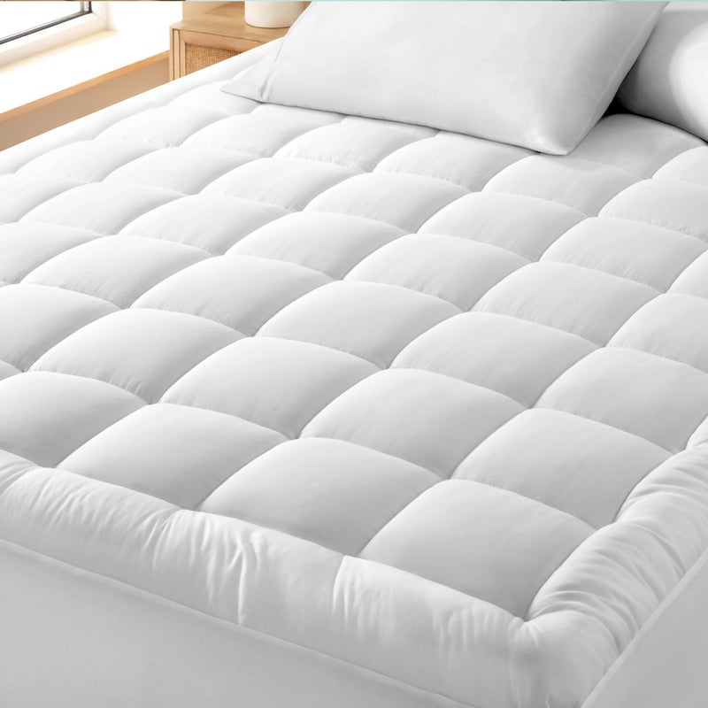 Bare Home Queen Mattress Topper Cotton Top Plush Topper for Mattress Fitted Mattress Cover Cooling Breathable Air Flow 8 to 21 Deep Pocket Soft Mattress Pad Queen White