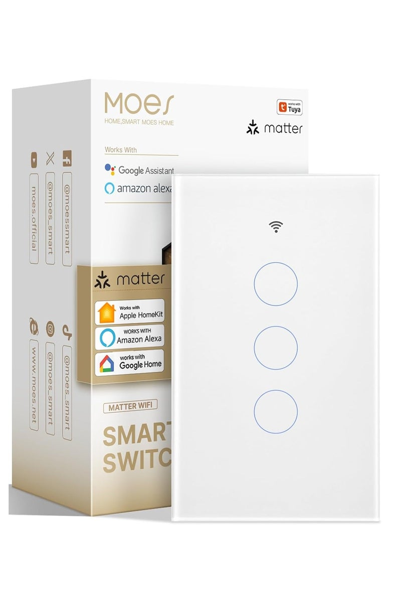 MOES Matter Smart Touch Wall Light Switch, Glass Panel Wi-Fi Wall Switch, Needs Neutral Wire, Single Pole, 2.4GHz, Timer and Schedule,Remote & Voice Control with Alexa, Google Home & Siri White 3 Gang - Image 1