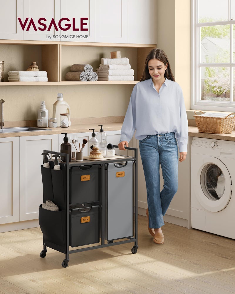 VASAGLE Laundry Hamper with 3 Compartments, 26.4 Gal. (100 L) Laundry Sorter, Rolling Laundry Cart with Shelves, Small Side Pockets, 6 Labels, Chestnut Brown, Ink Black and Dove Gray UBLH202B01 - Image 2