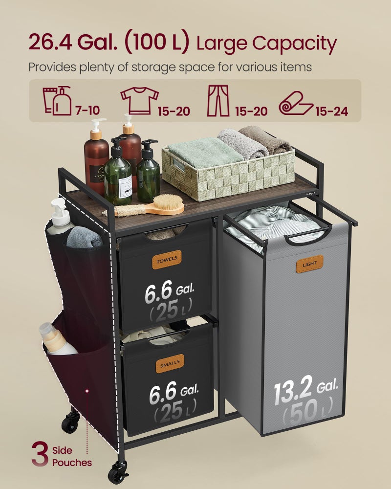 VASAGLE Laundry Hamper with 3 Compartments, 26.4 Gal. (100 L) Laundry Sorter, Rolling Laundry Cart with Shelves, Small Side Pockets, 6 Labels, Chestnut Brown, Ink Black and Dove Gray UBLH202B01 - Image 3
