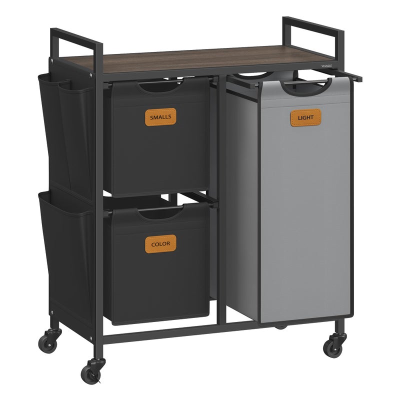 VASAGLE Laundry Hamper with 3 Compartments, 26.4 Gal. (100 L) Laundry Sorter, Rolling Laundry Cart with Shelves, Small Side Pockets, 6 Labels, Chestnut Brown, Ink Black and Dove Gray UBLH202B01 - Image 1