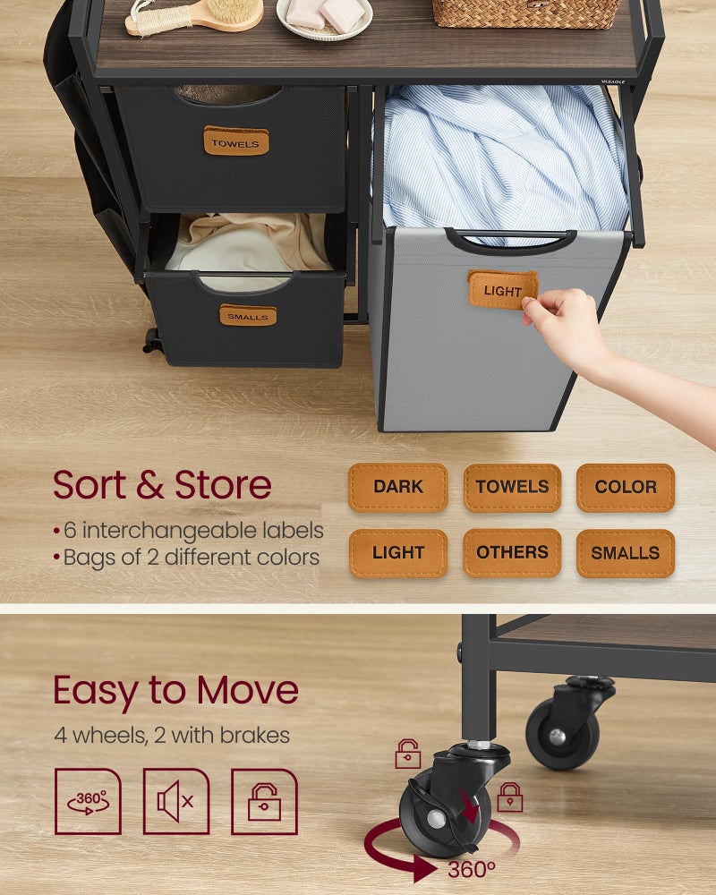 VASAGLE Laundry Hamper with 3 Compartments, 26.4 Gal. (100 L) Laundry Sorter, Rolling Laundry Cart with Shelves, Small Side Pockets, 6 Labels, Chestnut Brown, Ink Black and Dove Gray UBLH202B01 - Image 4