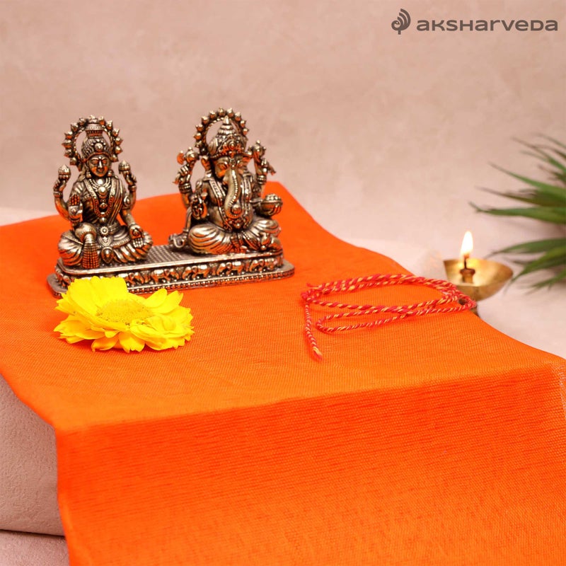Aksharveda Orange Altar Cloth – Traditional Temple & Pooja Chowki Decoration Cloth - Image 3