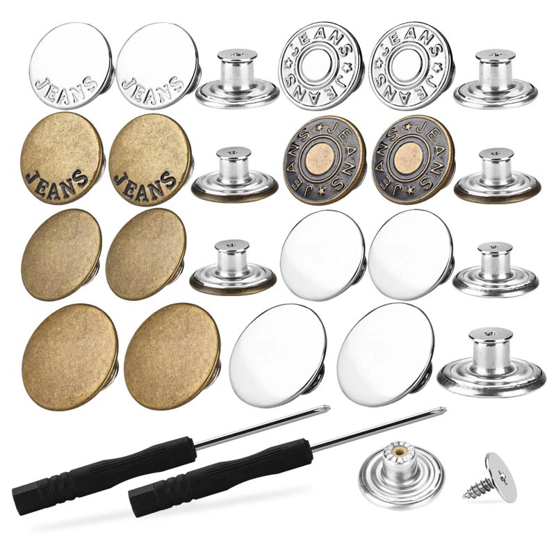 EZJIAYOU 32 Sets Jeans Buttons Replacement 17mm and 20mm NoSew Removable Metal Buttons for Pants Button for Sewing Metal Jeans Contains 35 Rivets and 2 Screwdrivers in Storage Box