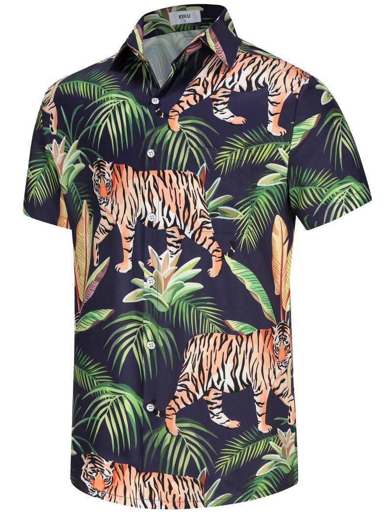 KYKU Animal Print Shirts Men Summer Botton Up Shirt with Pockets, Green Palm Leaves, S - Image 3