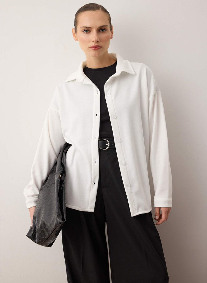 trendyol Ecru Thessaloniki Polo Collar Buttoned Oversize Shirt - Image 2
