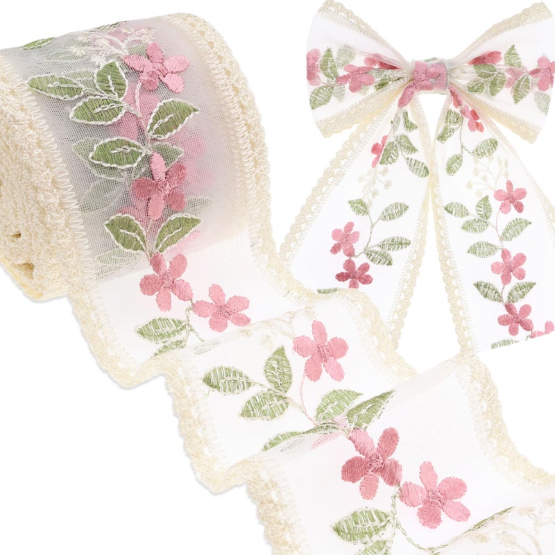 AIETSYEI Pink Lace Trim Ribbon 7 Yards Embroidery Floral Sewing Lace Trim Mesh Tulle Ribbon for Bridal Wedding Decorations - Image 1