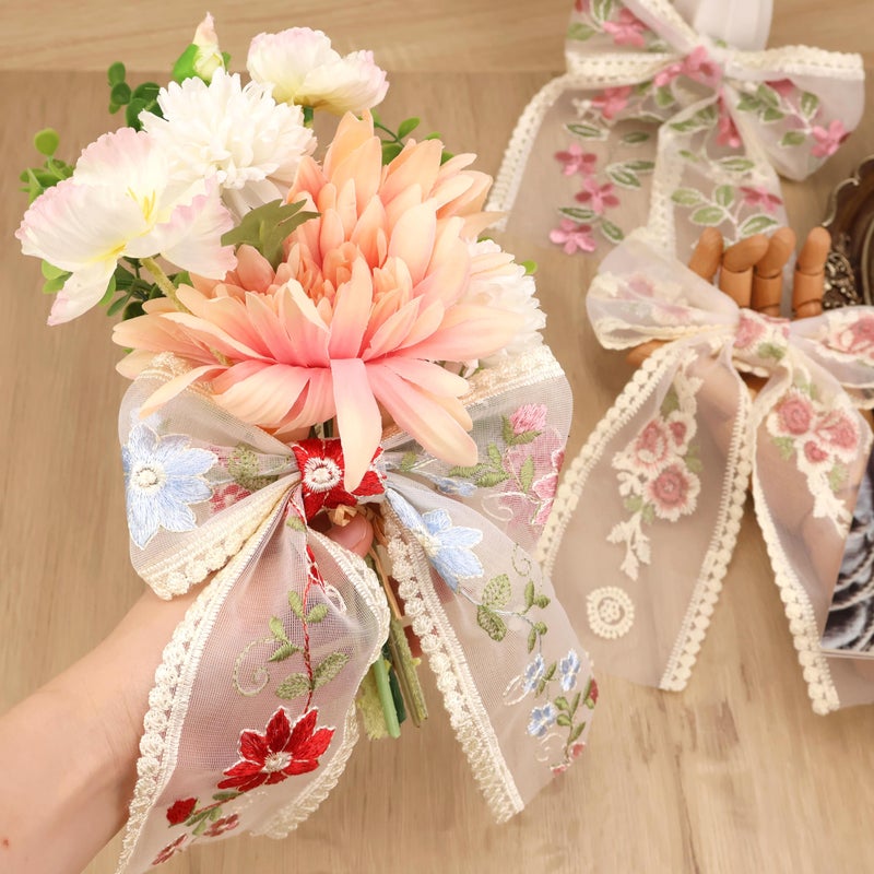 AIETSYEI Pink Lace Trim Ribbon 7 Yards Embroidery Floral Sewing Lace Trim Mesh Tulle Ribbon for Bridal Wedding Decorations - Image 3
