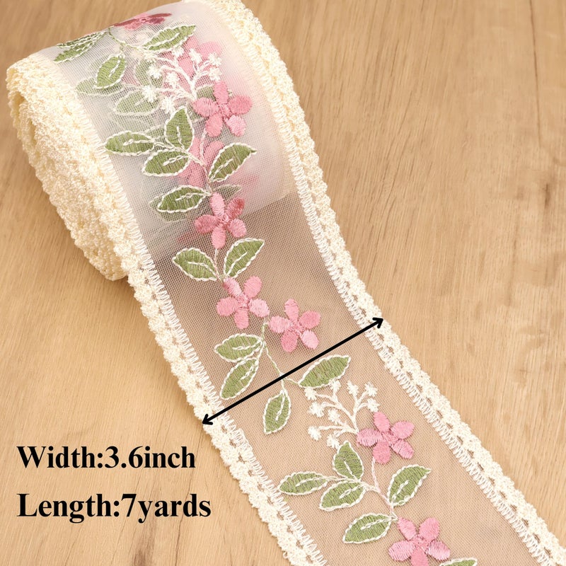 AIETSYEI Pink Lace Trim Ribbon 7 Yards Embroidery Floral Sewing Lace Trim Mesh Tulle Ribbon for Bridal Wedding Decorations - Image 2