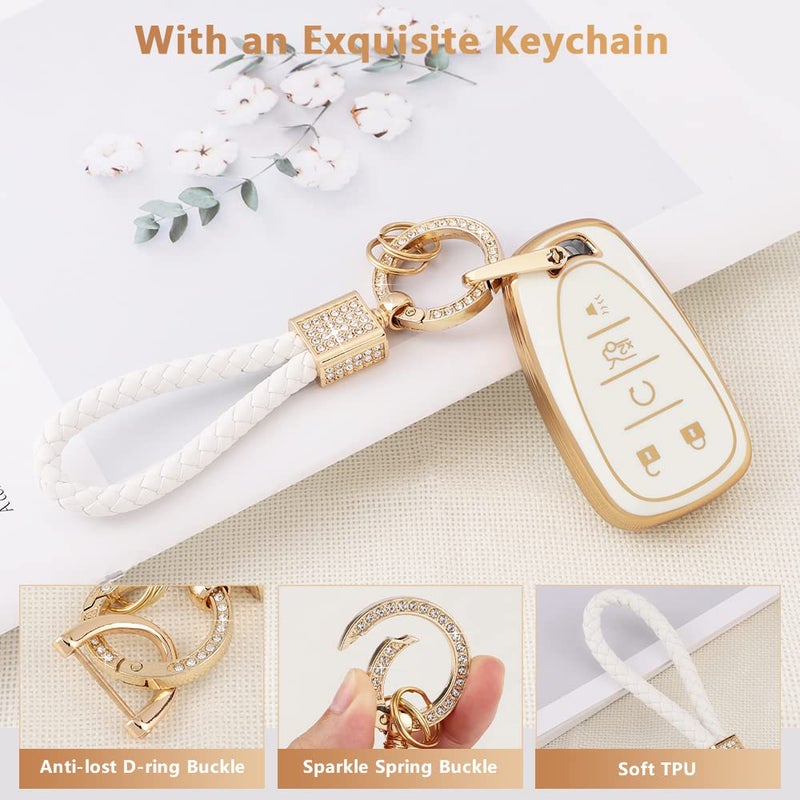 PIFOOG Key Fob Case for Chevy TPU 5 Button Keys Cover Shell Glittering Car Keychain for Malibu Equinox Trax Camaro Blazer Traverse Trailblazer Spark Girly Cute White Gold - Image 5
