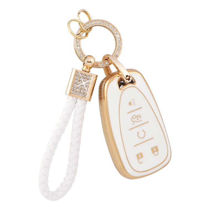 PIFOOG Key Fob Case for Chevy TPU 5 Button Keys Cover Shell Glittering Car Keychain for Malibu Equinox Trax Camaro Blazer Traverse Trailblazer Spark Girly Cute White Gold - Image 1