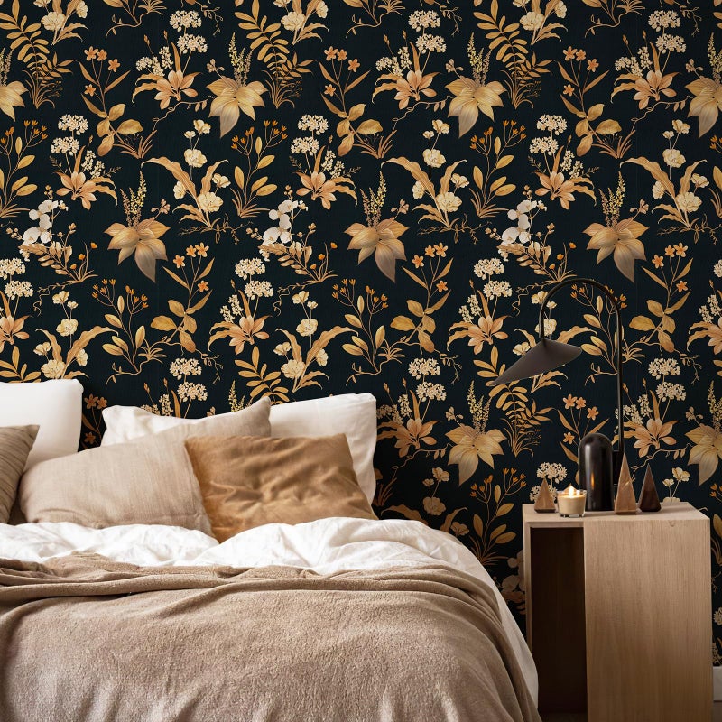 Simon&Siff Vintage Wallpaper Peel and Stick Black Gold Floral Wallpaper Wildflowers Botanical Contact Paper Self Adhesive Removable Wall Paper for Bedroom Cabinets Decor 120" x 17.3" - Image 4