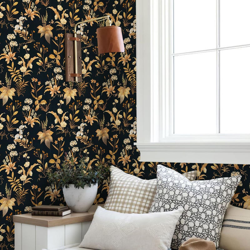 Simon&Siff Vintage Wallpaper Peel and Stick Black Gold Floral Wallpaper Wildflowers Botanical Contact Paper Self Adhesive Removable Wall Paper for Bedroom Cabinets Decor 120" x 17.3" - Image 2