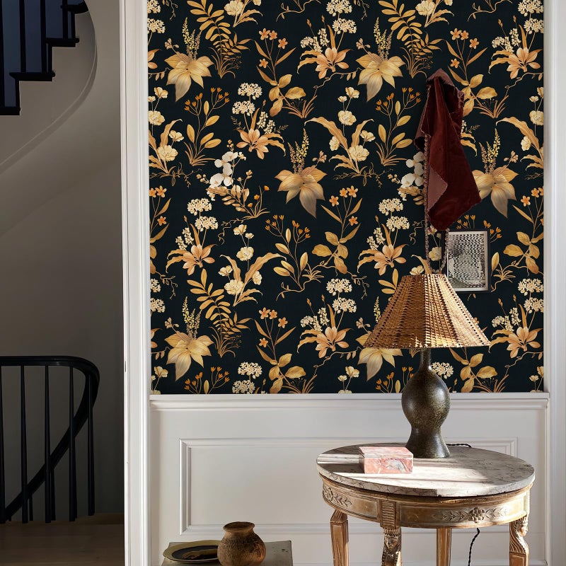 Simon&Siff Vintage Wallpaper Peel and Stick Black Gold Floral Wallpaper Wildflowers Botanical Contact Paper Self Adhesive Removable Wall Paper for Bedroom Cabinets Decor 120" x 17.3" - Image 5