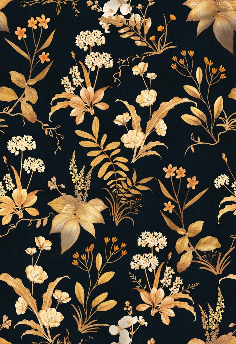 Simon&Siff Vintage Wallpaper Peel and Stick Black Gold Floral Wallpaper Wildflowers Botanical Contact Paper Self Adhesive Removable Wall Paper for Bedroom Cabinets Decor 120" x 17.3" - Image 1