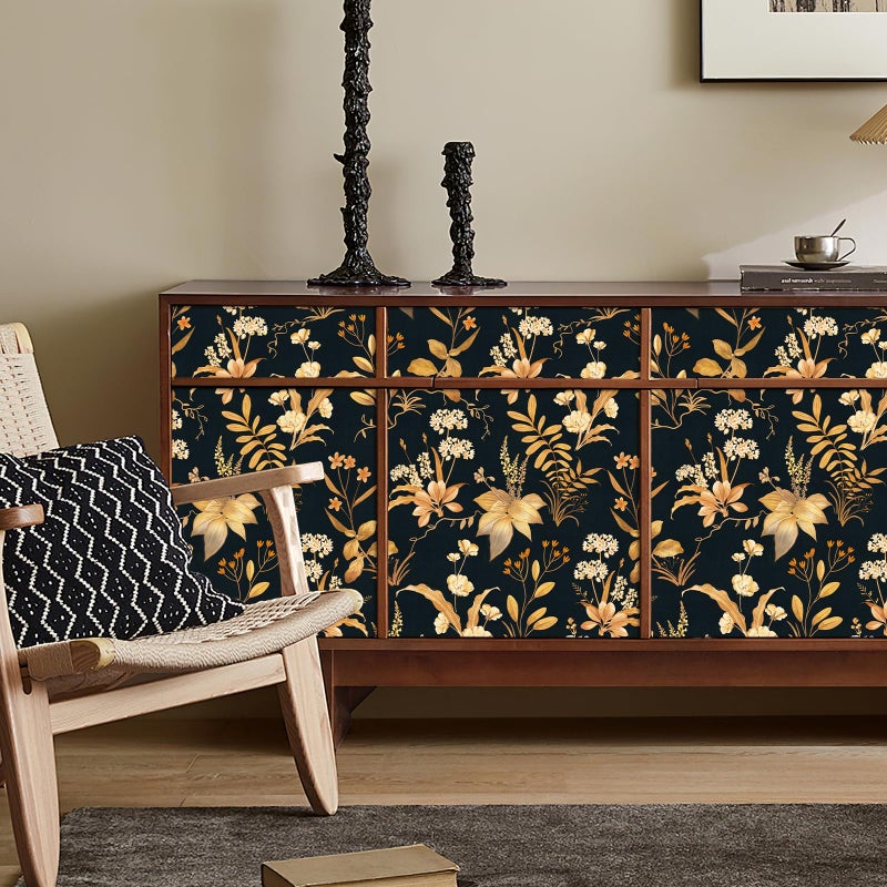 Simon&Siff Vintage Wallpaper Peel and Stick Black Gold Floral Wallpaper Wildflowers Botanical Contact Paper Self Adhesive Removable Wall Paper for Bedroom Cabinets Decor 120" x 17.3" - Image 3
