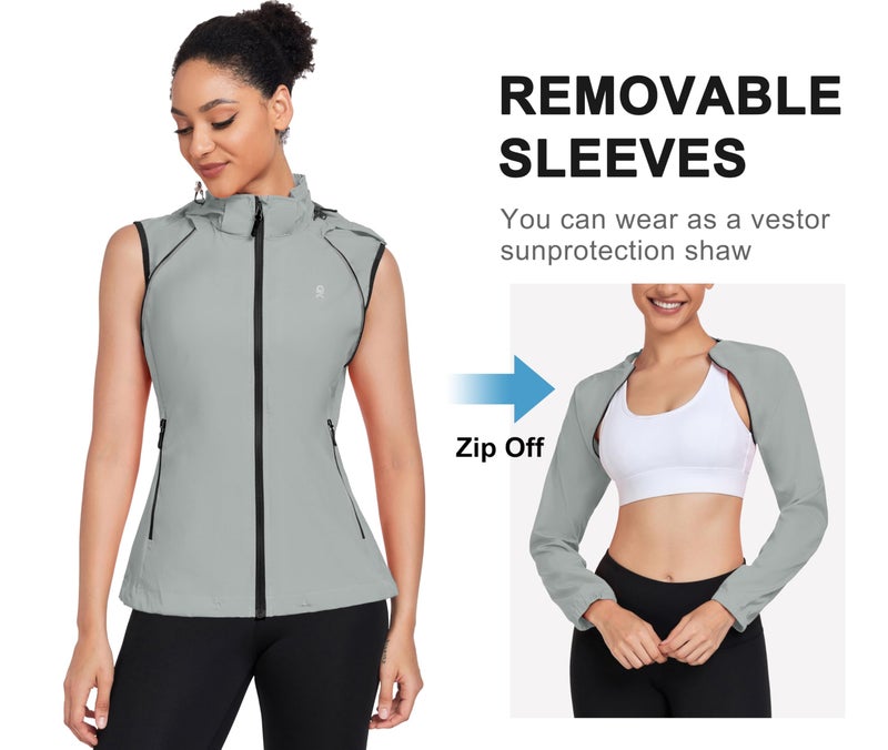 Little Donkey Andy Women's Lightweight Waterproof Cycling Jacket with Removable Sleeves & Hood for Biking Running Golf Light Gray M - Image 3