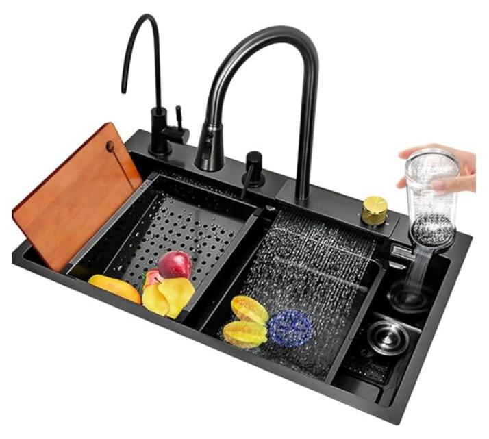 Kitchen Sink Smart Stainless Steel Nano Ceramic Coating 75x45cm Waterfall Mixer Shaddad 3 System Balqorma Strainer Vegetable Basket Cup Sink Drain Set Black - Image 1