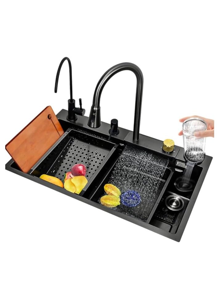 حوض مطبخ ذكي من الفولاذ المقاوم للصدأ مع طلاء نانو سيراميك 75 × 45 سم خلاط شلال شداد 3 نظام بلكورما مصفاة سلة خضروات كوب مجموعة تصريف الحوض باللون الأسود - Image 1