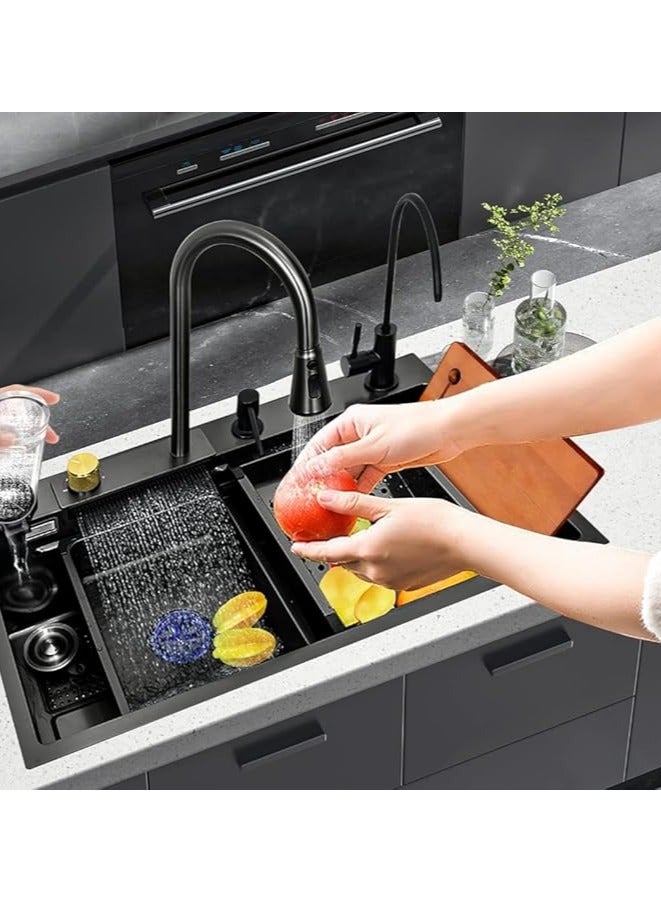 حوض مطبخ ذكي من الفولاذ المقاوم للصدأ مع طلاء نانو سيراميك 75 × 45 سم خلاط شلال شداد 3 نظام بلكورما مصفاة سلة خضروات كوب مجموعة تصريف الحوض باللون الأسود - Image 2