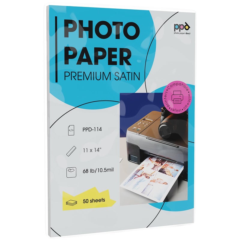 PPD Satin Photo Paper for Inkjet Printer, Premium Pearl Luster Finish 11 x 14 Size Sheets for Printable Photos, Thick 255 gsm 68 lbs 10.5 mil, White, Water Resistant & Instant Dry Prints (50 Pack) - Image 1