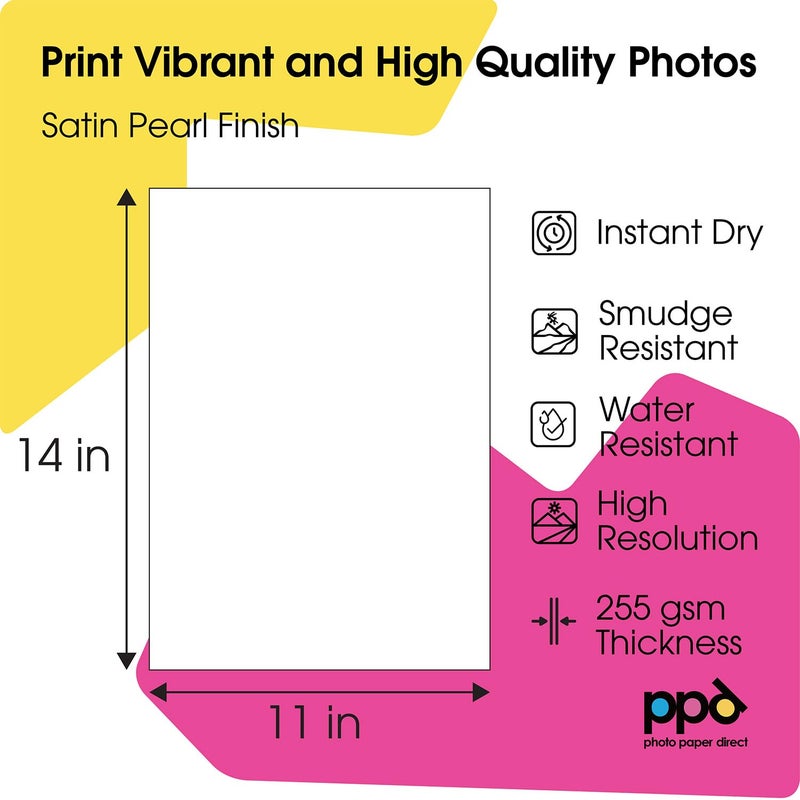 PPD Satin Photo Paper for Inkjet Printer, Premium Pearl Luster Finish 11 x 14 Size Sheets for Printable Photos, Thick 255 gsm 68 lbs 10.5 mil, White, Water Resistant & Instant Dry Prints (50 Pack) - Image 3