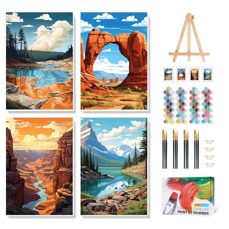 Camocin 4 Pack Framed Paint by Numbers Kit for Adults with Wooden Easel, National Park Paint by Numbers with Frame for Beginner, Landscape Adult Paints by Number Kits on Canvas Framed for Wall Decor 8 x 12 In - Image 1