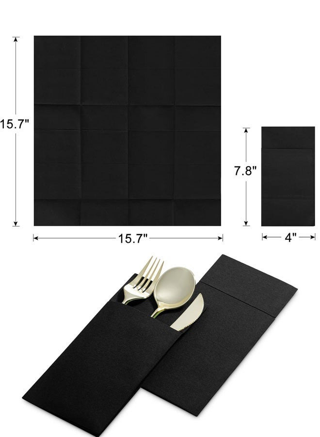 25 منديلًا ورقيًا أسودًا بملمس الكتان، مناديل عشاء تشبه القماش مع جيب مدمج لأدوات المائدة، مناشف ورقية ماصة مسبقة الطي للاستخدام مرة واحدة للضيوف - Image 2