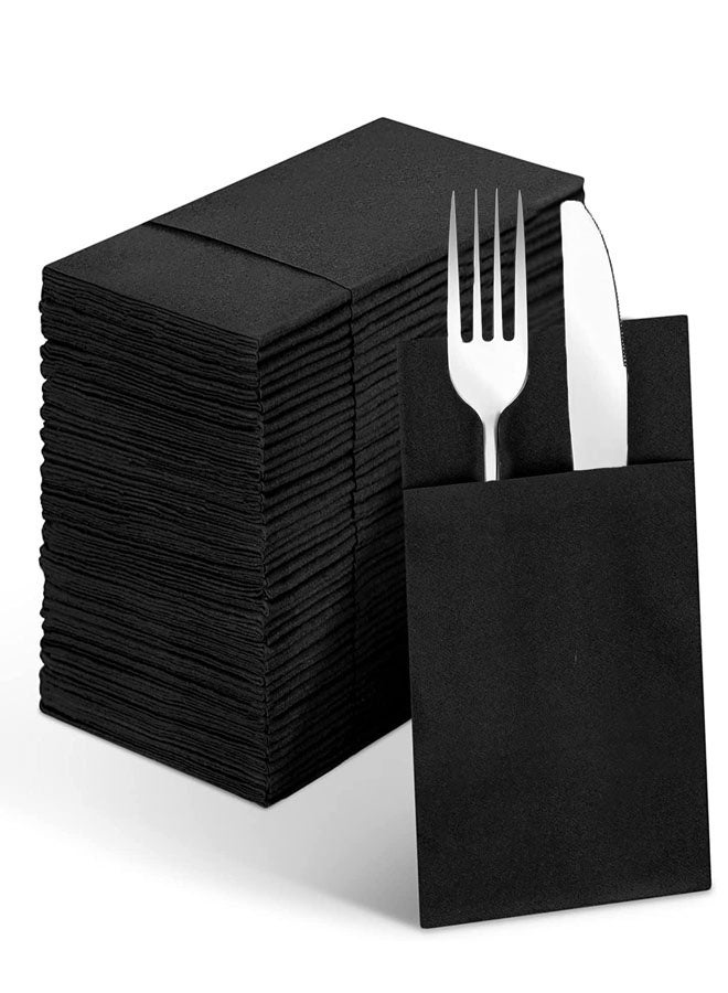 25 منديلًا ورقيًا أسودًا بملمس الكتان، مناديل عشاء تشبه القماش مع جيب مدمج لأدوات المائدة، مناشف ورقية ماصة مسبقة الطي للاستخدام مرة واحدة للضيوف - Image 1