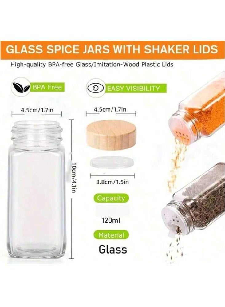 eBasket 12-piece spice jar set  with small labels for classifying spices. The jars are made of high-quality glass with a tight-fitting wooden lid and a silicone funnel for easy use. - Image 2