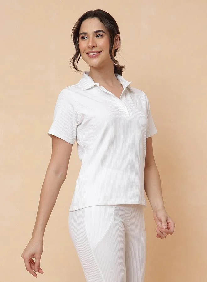 Clovia White Ribbed PoloT-Shirt