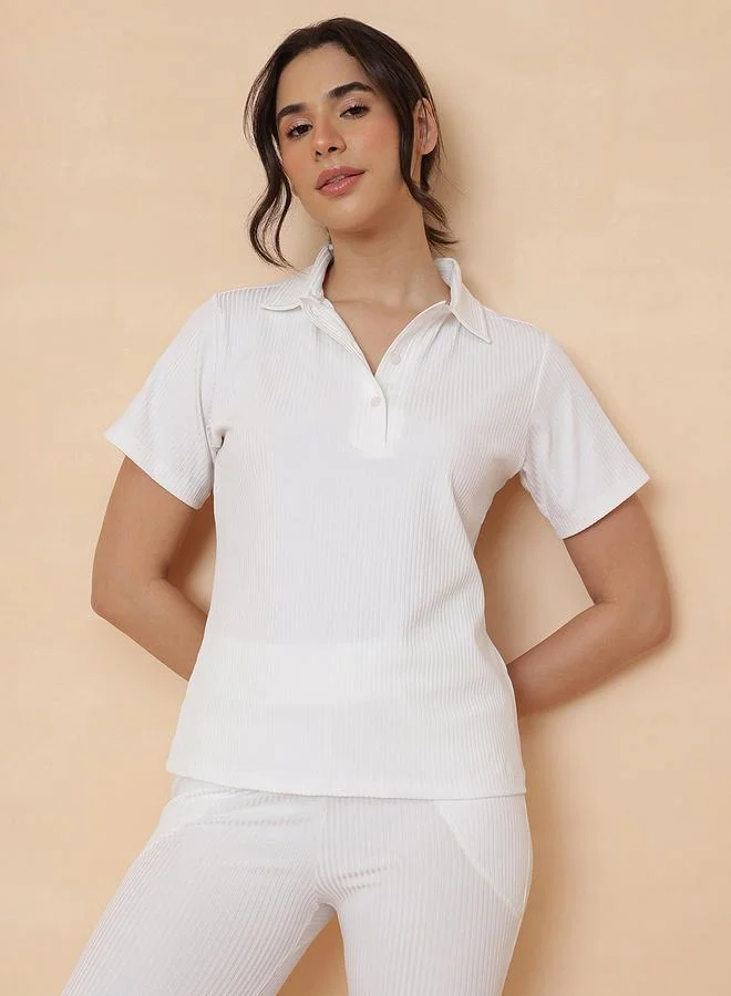 Clovia White Ribbed PoloT-Shirt