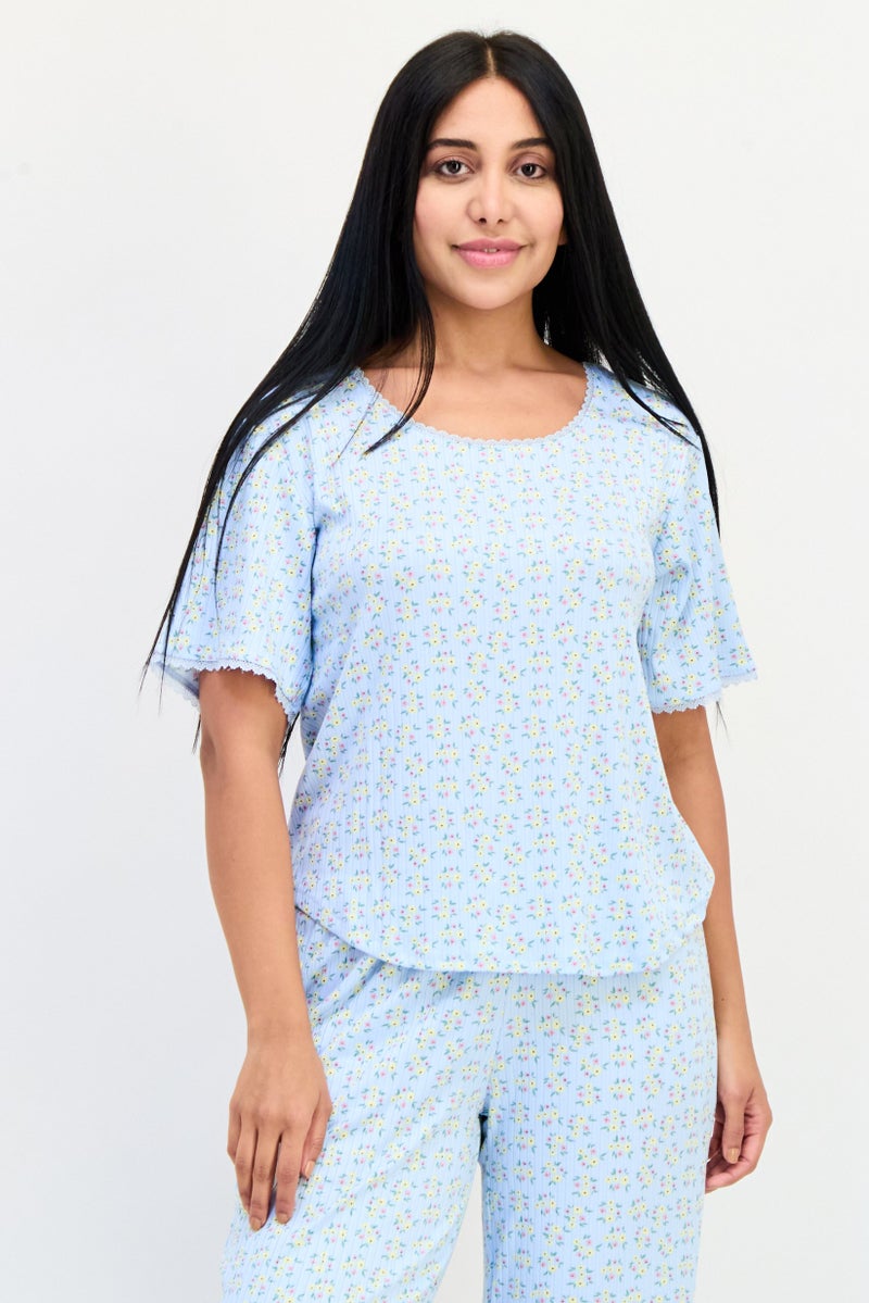 PJ Couture طقم بيجاما نسائي من قطعتين بأكمام قصيرة وطباعة زهور، متعدد الألوان - Image 2