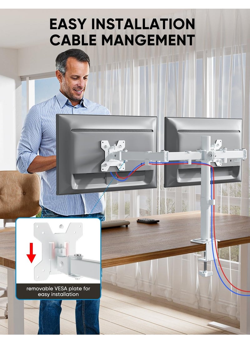 Ergonomic Dual Monitor Stand for 13-32 inch LCD LED PC Screens for Desks Monitor Stand Arm, Height Adjustable Arm Bracket Tilt 90° Swivel 180° Rotate 360°, VESA 75/100 ,White