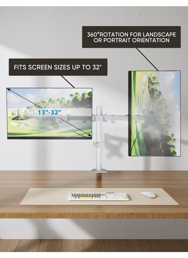 Ergonomic Dual Monitor Stand for 13-32 inch LCD LED PC Screens for Desks Monitor Stand Arm, Height Adjustable Arm Bracket Tilt 90° Swivel 180° Rotate 360°, VESA 75/100 ,White